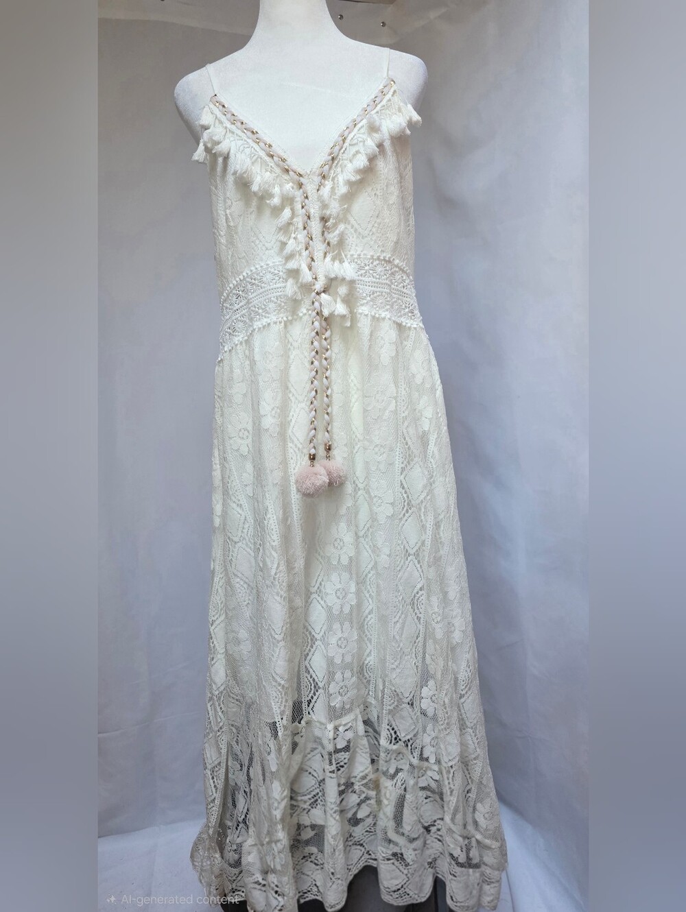 Cream Lace High Low Boho Dress Tassel Tie Smocked Back Sleeveless